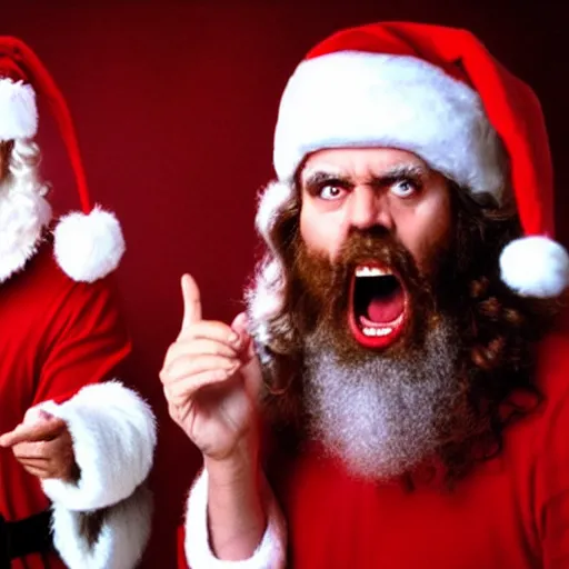 Prompt: Santa and Jesus angrily screaming at each other, 80s movie action battle, live action cinematography, crying ice cream baby