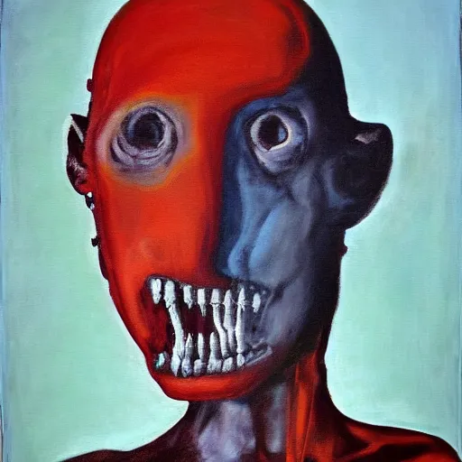 Image similar to acrylic on canvas by sally mann, by robert kirkman dismal, emotive. a beautiful painting of a giant head. the head is bald & has a big nose. the eyes are wide open & have a crazy look. the mouth is open & has sharp teeth. the neck is long & thin.