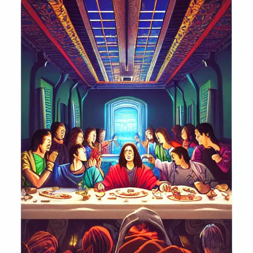 Prompt: the last supper in a mexican restaurant, by dan mumford, yusuke murata, makoto shinkai, ross tran, cosmic, heavenly, god rays, intricate detail, cinematic, 8 k, cel shaded, unreal engine, featured on artstation, pixiv