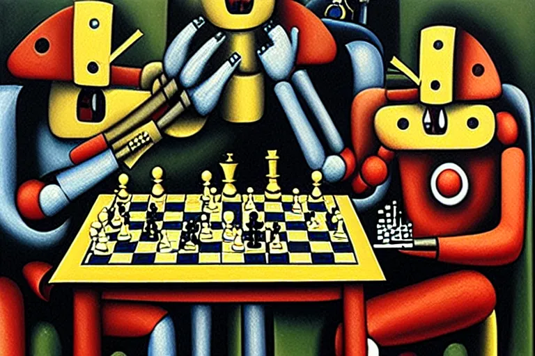 Image similar to portrait of two robots playing chess, highly detailed, painting by otto dix, 8 k