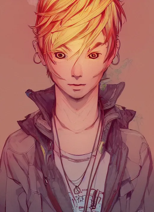 Image similar to portrait of happy anime boy, an ultrafine detailed illustration by james jean, intricate linework, bright colors, final fantasy, behance contest winner, vanitas, angular, altermodern, unreal engine 5 highly rendered, global illumination, radiant light, detailed and intricate environment