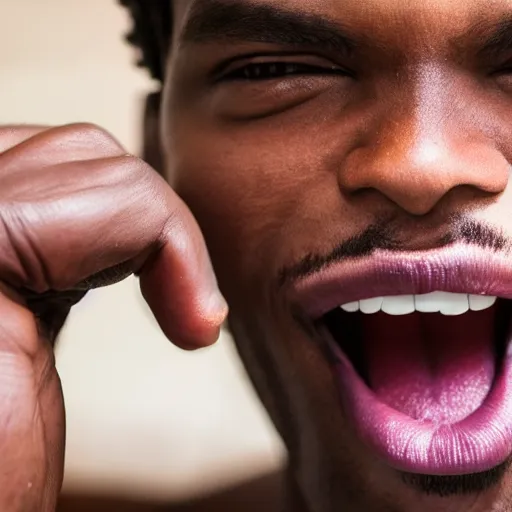 Image similar to black person stretching his bottom lip down showing his teeth