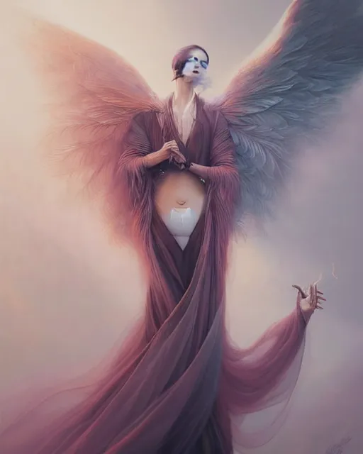 Image similar to elegant woman cloaked in ethereal feathers and smoke, artgerm, peter mohrbacher, anato finnstark, intricately detailed portrait