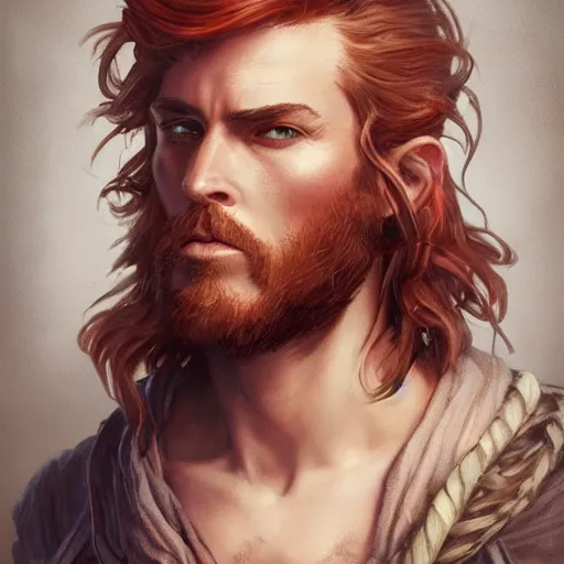 Image similar to portrait of a young ruggedly handsome but joyus pirate, male, masculine, upper body, red hair, very long hair, d & d, fantasy, intricate, elegant, highly detailed, digital painting, artstation, concept art, matte, sharp focus, illustration, art by artgerm and greg rutkowski and alphonse mucha