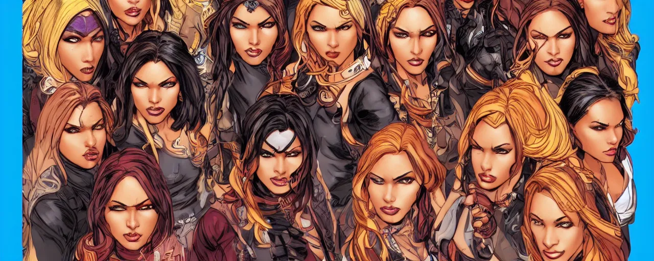 Prompt: a group of six female thieves with unique styles of dress, brown skin, and different hair colours, bold and colourful, symmetrical facial features, intricate detail, detailed faces, smooth, sharp focus, beautiful, arnold rendering, art by pepe larraz,