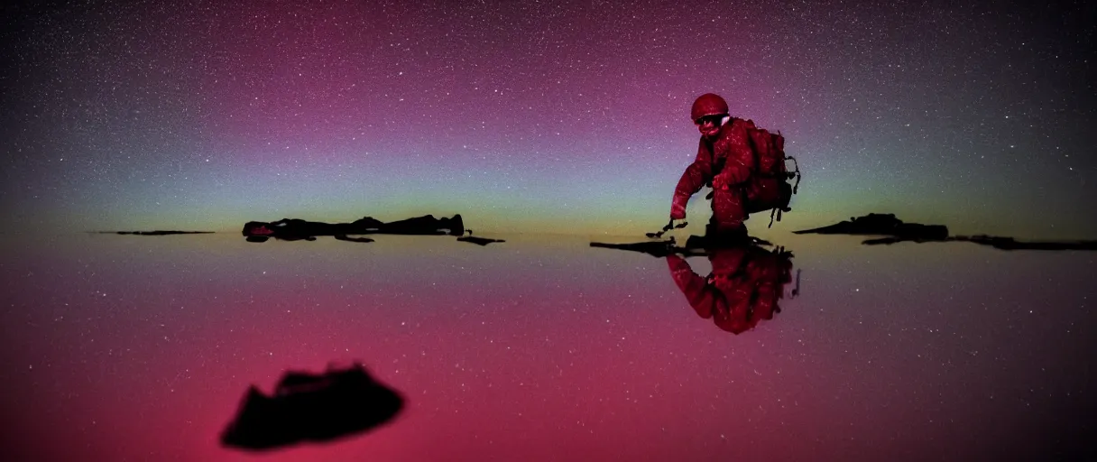 Image similar to an extreme closeup movie like 3 5 mm film depth of field photograph of a soldier falling face first into a small reflective puddle of dark red wine under the northern lights in antarctica at night, in the style of a horror film