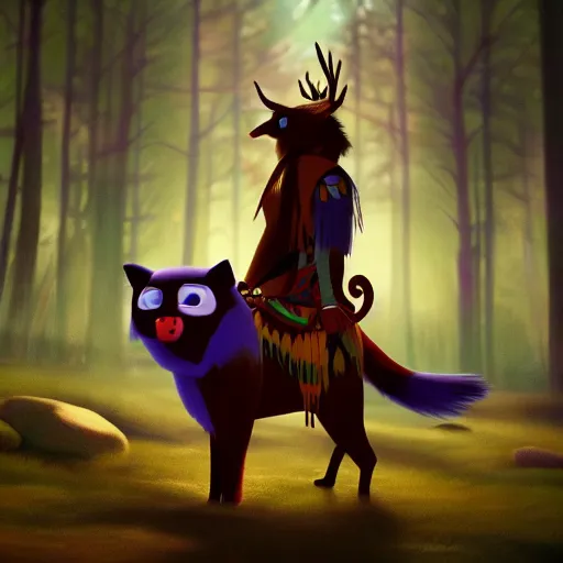 Image similar to medium shot native american with animal companion, in a dark forest, mysterious, backlit, still from a pixar dreamworks movie, trending on artstation