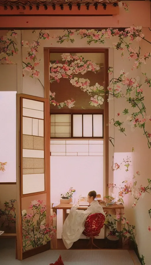 Image similar to 1 9 9 0 s candid 3 5 mm photo of a beautiful day in the a dreamy japanese flowery cottage designed by gucci, cinematic lighting, cinematic look, golden hour, a desk for flower arrangements and journaling has sun shinning on it through a window, temple in the distance, photographed by petra collins, uhd