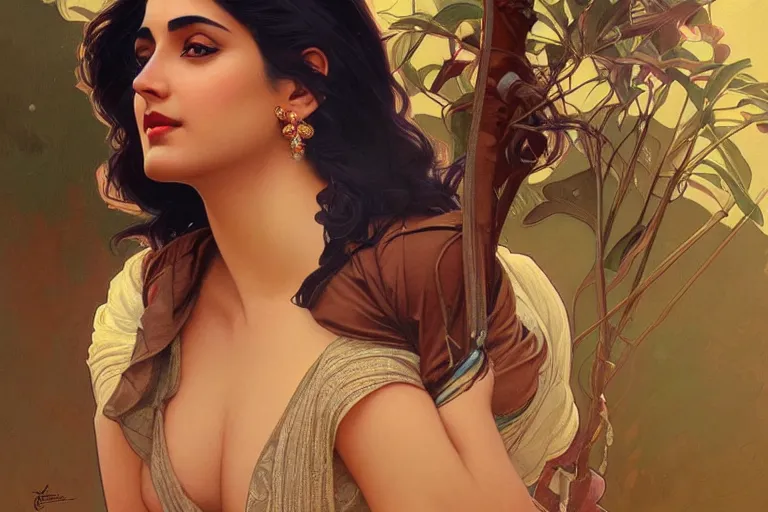 Image similar to sensual pale beautiful indian doctor in jeans, art deco portrait, elegant, intricate, digital painting, artstation, concept art, smooth, sharp focus, illustration, art by artgerm and greg rutkowski and alphonse mucha