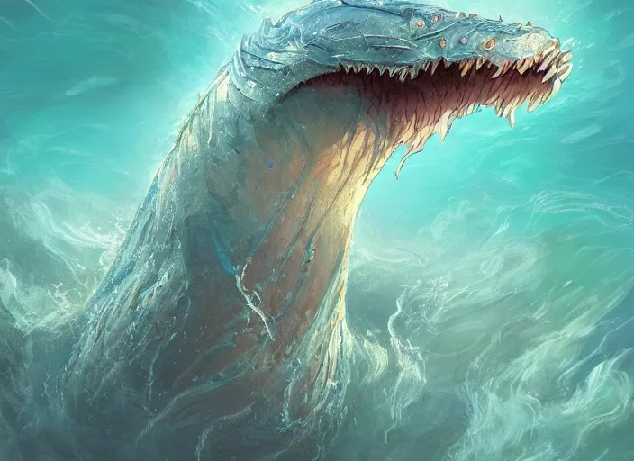 Image similar to a majestic water-dwelling creature with a cute smiling face, creature rising through the surface of the water, lake and sea beast, digital painting, masterpiece, 4k wallpaper, fantasy creature design by Moebius and Hayao Miyazaki, beautiful, gorgeous, artstation