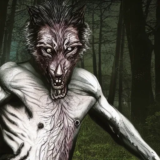 Image similar to man ripping off his skin turning into a werewolf, forest scenery, full moon, illuminated lighting, highly detailed, 4 k