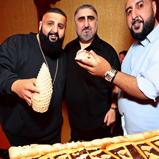 Prompt: DJ khaled and alfred molina with huge ice cream cone and slice of pizza