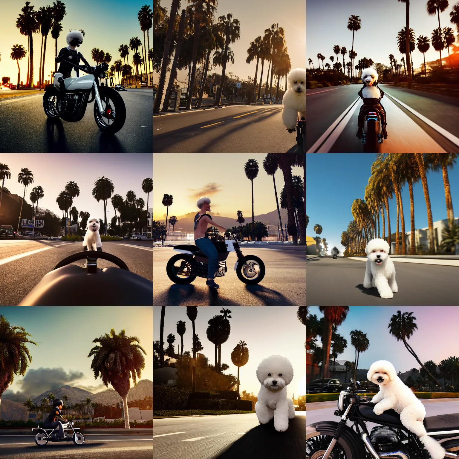 Prompt: a photorealistic image of a white bichon frise puppy dog riding a black motorcycle in Hollywood at sundown. Palm trees in the background. Paws on handlebars. This 4K HD image is Trending on Artstation, featured on Behance, well-rendered, extra crisp, features intricate detail and the style of Unreal Engine.