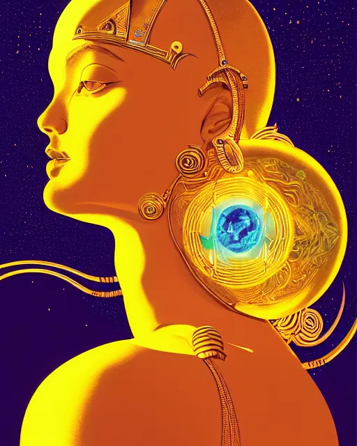 Image similar to a portrait of a golden skinned goddess with a lazer shining into the top of her head charkra, pieces expanding from impact gold and blue by moebius +james jean + peter mohrbacher + syd mead + illustrative + visionary art + low angle + oil painting + 3/4 portrait + asymmetry