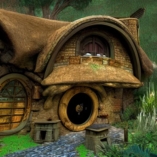 Image similar to hobbit house as a scene from quake 3, digital art