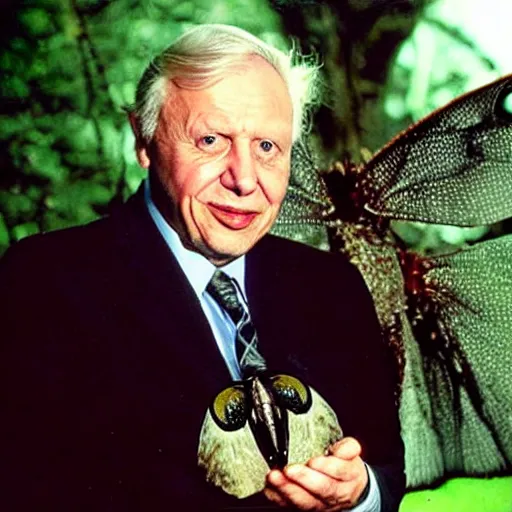 Image similar to Sir David Attenborough holding Mothman