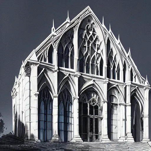 Image similar to modern gothic building made out of dark stone with white arches as a bright high contrast cinematic lighting highly detailed 4 k resolution jesper ejsing