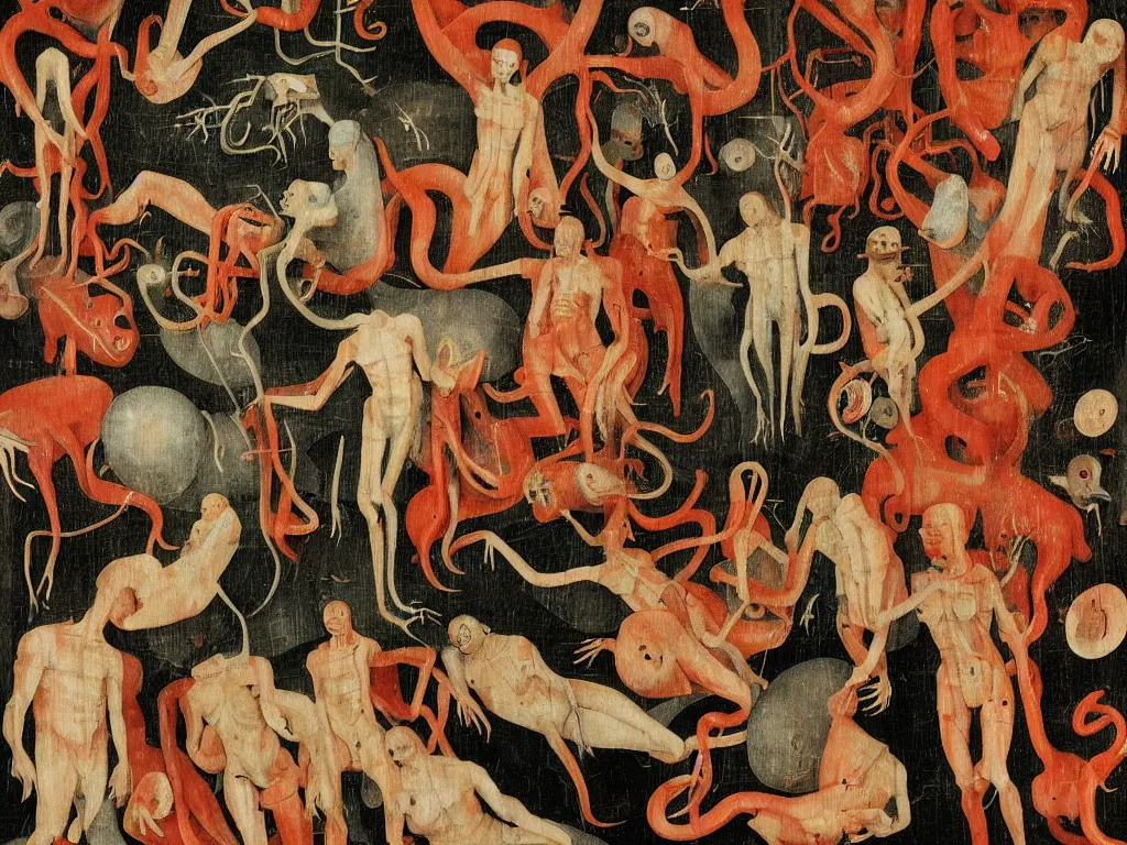 Image similar to a world of flesh in contrasting colors, hieronymous bosch, tentacles and nervous system cells, shiny flesh colored walls that are alive, loss of molecular cohesion,