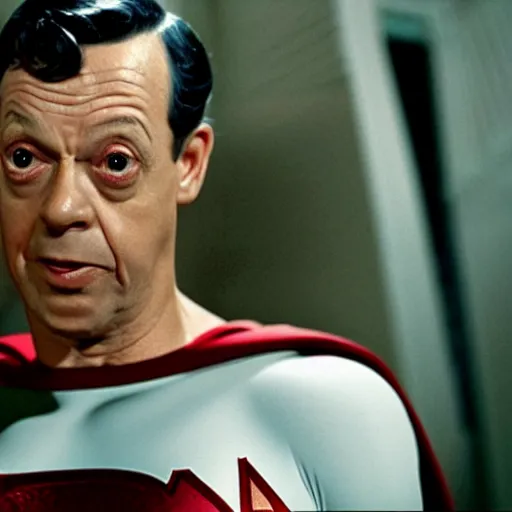 Image similar to don knotts as superman, detailed face, terrified look on his face, professional photography, cinematic, 8k,