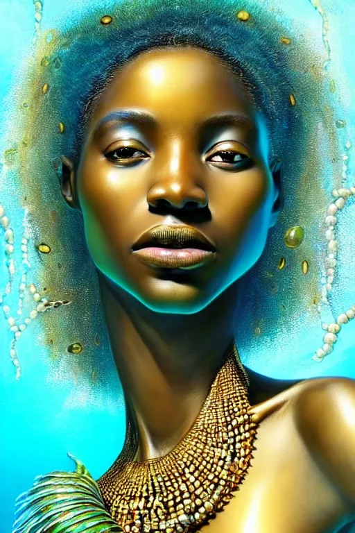 Image similar to hyperrealistic full body! very expressive! translucent!! african goddess, cinematic underwater scene with fish and algae, gold jewerly, highly detailed face, digital art masterpiece, smooth eric zener cam de leon, dramatic pearlescent turquoise light on one side, low angle uhd 8 k, shallow depth of field