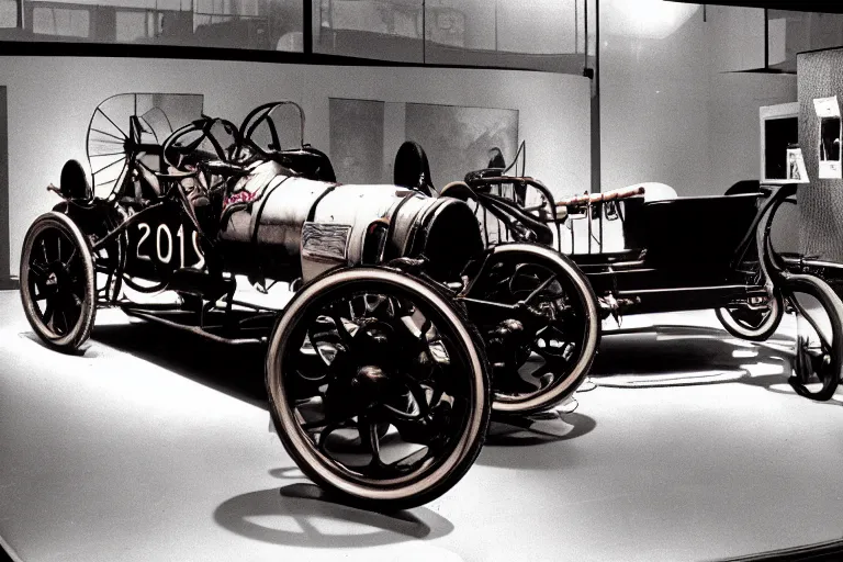 Image similar to cyberpunk 1 9 0 3 stanley steamer racecar, volumetric lighting, in a museum, museum exhibit, museum lighting, 9 0 s film photo