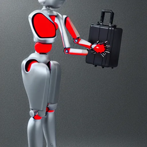 Image similar to A hyper-realistic robot that looks like a human holding a suitcase in his hand, aggressive facial expressions, looking into the camera, red glowing eyes, metal parts on the body, geometric elements, Trending on artstation, industrial lighting, photorealistic, octane render, 8k, depth of field, 3D