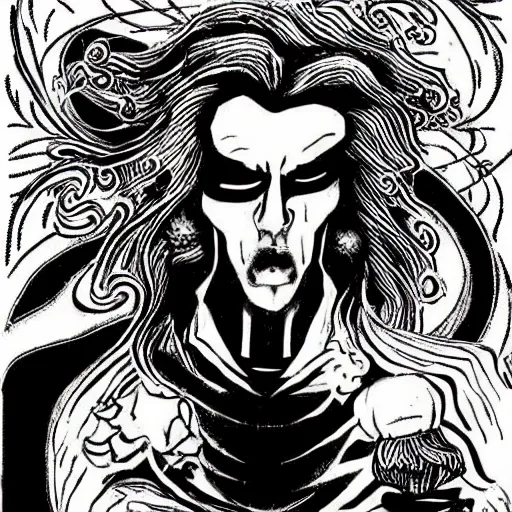 Image similar to black and white pen and ink!!!!!!! Twin Peaks Black Lodge goetic vampire handsome man golden!!!! Vagabond!!!! floating magic swordsman!!!! glides through a beautiful!!!!!!! liquid magic floral crystal battlefield dramatic esoteric!!!!!! Long hair flowing dancing illustrated in high detail!!!!!!!! by Moebius and Hiroya Oku!!!!!!!!! graphic novel published on 2049 award winning!!!! full body portrait!!!!! action exposition manga panel black and white Shonen Jump issue by David Lynch eraserhead and beautiful line art Hirohiko Araki!! Rossetti, Millais, Mucha, Jojo's Bizzare Adventure