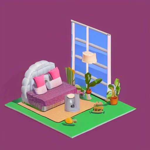 Image similar to a chubby cute room, 3 d illustration, isometric, 1 0 0 mm, studio lighting