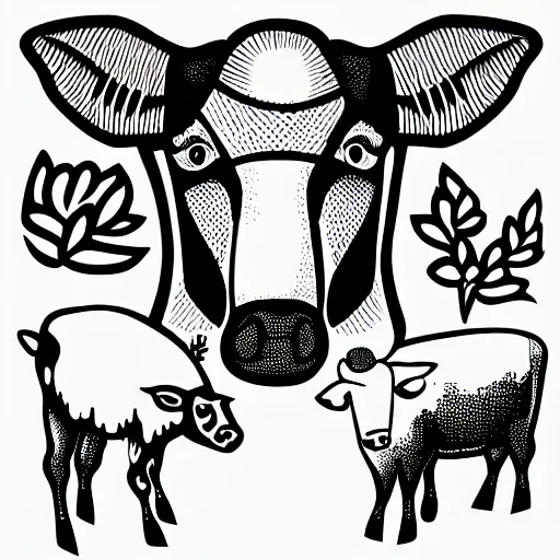 Image similar to belzebub, cow, pig, sheep, chicken, white on black vector ink drawing