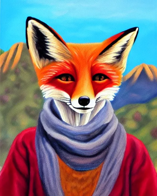 Image similar to oil painting portrait of anthropomorphic female fox animal dressed in sweater and scarf, fox animal, hollywood sign in background, oil painting,