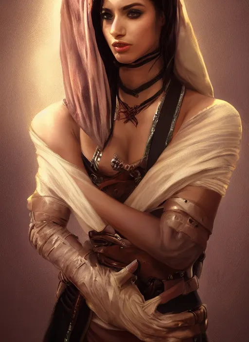 Image similar to Beautiful Arab girl with chest wrapped in bandages, leather, portrait, fantasy, medieval, vivid colors, fantasy, elegant, concept art, sharp focus, beautiful face, digital art, Hyper-realistic, 4K, Unreal Engine, Highly Detailed, HD, Dramatic Lighting by Brom, trending on Artstation