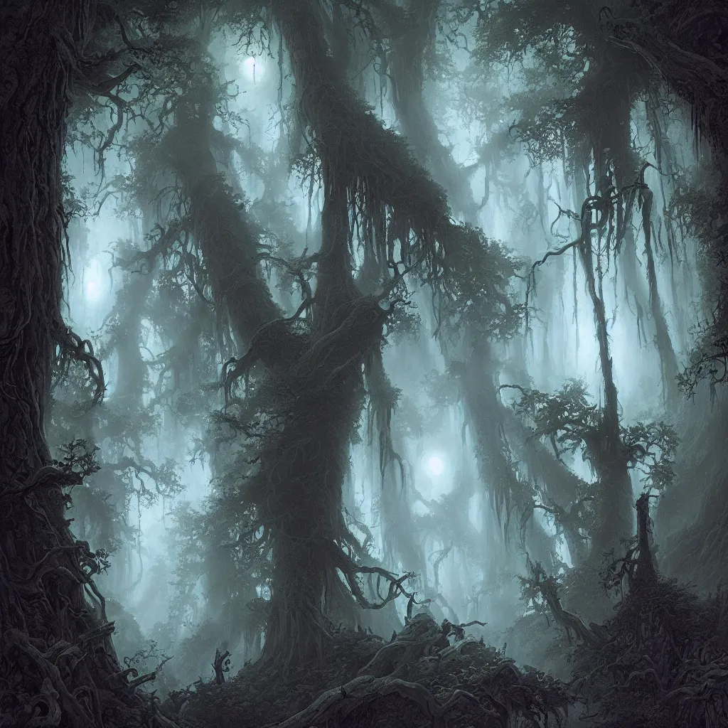 Prompt: a dark lush haunted sequoia forest at night, upward cinematic angle, J.R.R. Tolkien, by Rodney Matthews, P. Craig Russell and Andreas Rocha, dim moonlight, beautiful composition, intricate, elegant, digital art, detailed, mixed media painting, hyperrealistic, sharp focus, 8k