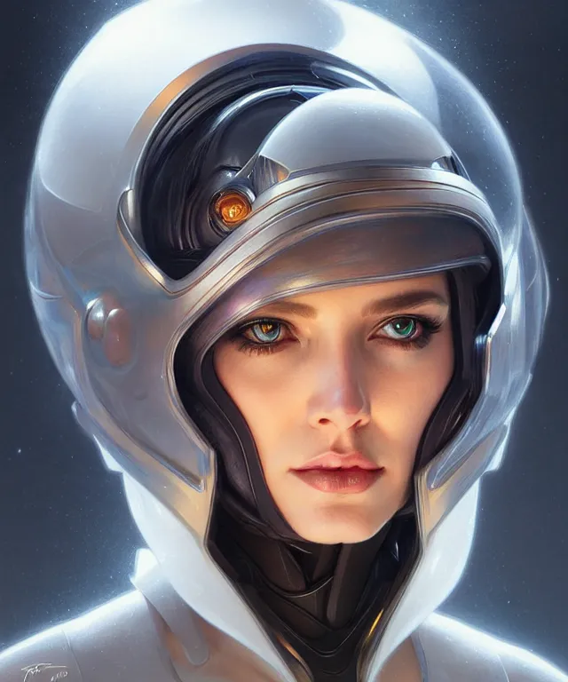 Image similar to futuristic woman in helmet portrait, sci-fi, amber eyes, face, long hair, fantasy, intricate, elegant, highly detailed, digital painting, artstation, concept art, smooth, sharp focus, illustration, art by artgerm and greg rutkowski and alphonse mucha