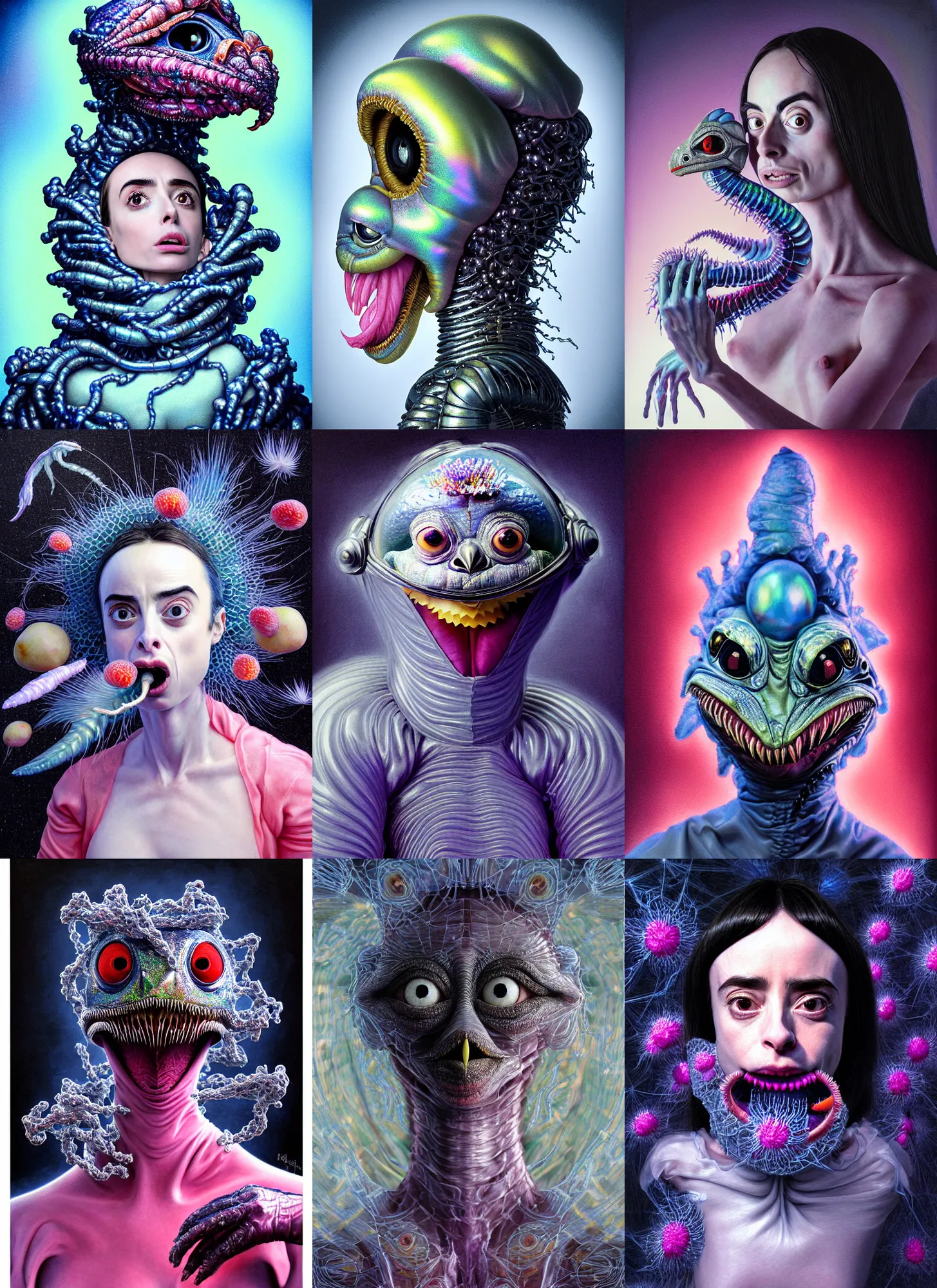 Prompt: hyper detailed 3d render of like a chiaroscuro oil painting - kawaii portrait yawn evoke (an astronaut queen with advanced suit like a chrome skeksis porcelain forcefield looks like Krysten Ritter) seen Eating of the Strangling network of charcoal aerochrome watercolor and milky Fruit and His delicate Hands hold of gossamer polyp cenobite bring iridescent fungal flowers whose spores black the foolish stars by Jacek Yerka, Ilya Kuvshinov, Mariusz Lewandowski, Houdini algorithmic generative render, Abstract brush strokes, Masterpiece, Edward Hopper and James Gilleard, Zdzislaw Beksinski, Wolfgang Lettl, hints of Yayoi Kasuma, octane render, 8k