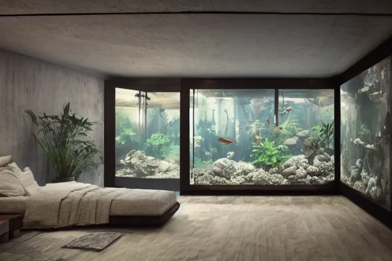 Image similar to the most amazing dream you ever had about spacious interior with aquariums as walls, hyper realistic, ambient lighting, concept art, intricate, hyper detailed, smooth, dynamic volumetric lighting, octane, cinematic