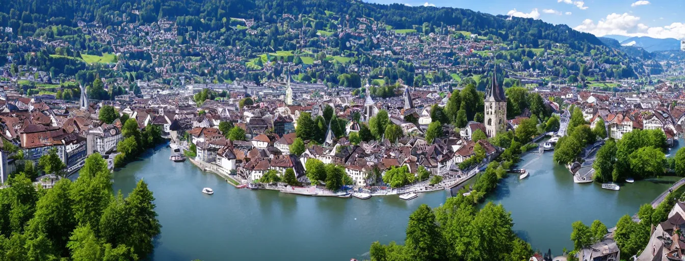 Image similar to Photo of Zurich, looking down the Limmat at the lake and the alps, Hardturm, Grossmünster, Lindenhof, Üetliberg, wide angle, volumetric light, hyperdetailed, light blue water, artstation, cgsociety, 8k