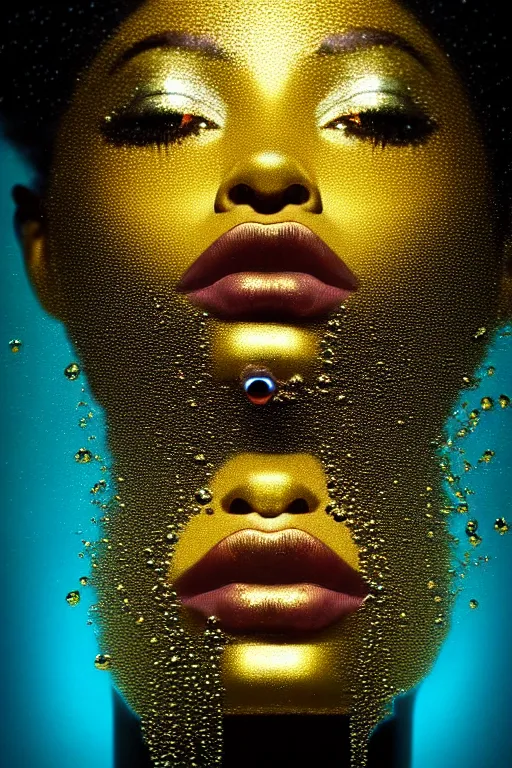 Image similar to hyperrealistic post - dada cinematic very expressive! profile black oshun goddess, emerging from water!!, mirror dripping droplet!, gold flowers, highly detailed face, digital art masterpiece, smooth eric zener cam de leon, dynamic pearlescent teal light, low angle uhd 8 k, sharp focus