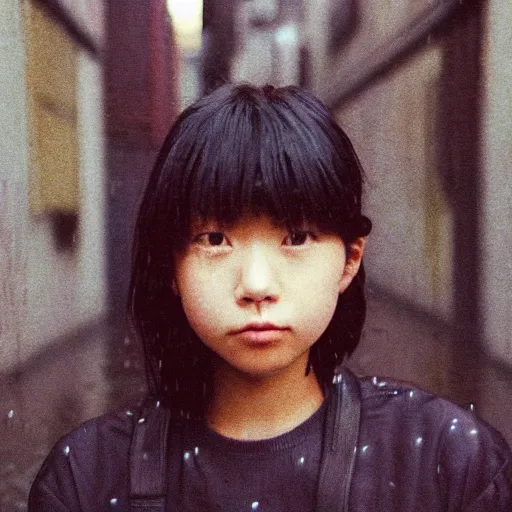 Image similar to 1990s perfect 8K HD professional cinematic photo of close-up japanese schoolgirl posing in sci-fi dystopian alleyway at morning during rain, at instagram, Behance, Adobe Lightroom, with instagram filters, depth of field, taken with polaroid kodak portra