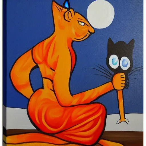 Image similar to canvas painting of cat monk cartoon, front view, eyes closed, omm