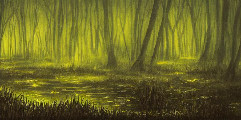 Prompt: painting of fireflies in a murky swamp, muted colors, mysterious, creepy