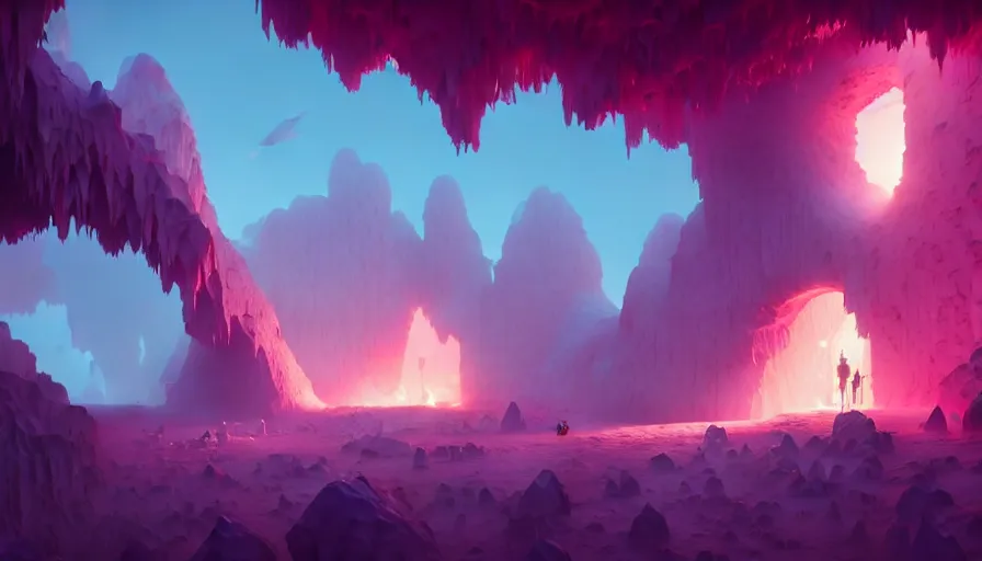 Prompt: highly detailed matte painting of a glistening crystal cave by atey ghailan, by greg rutkowski, by greg tocchini, by james gilliard, by joe fenton, pink, brown, black and light blue color scheme, octane render