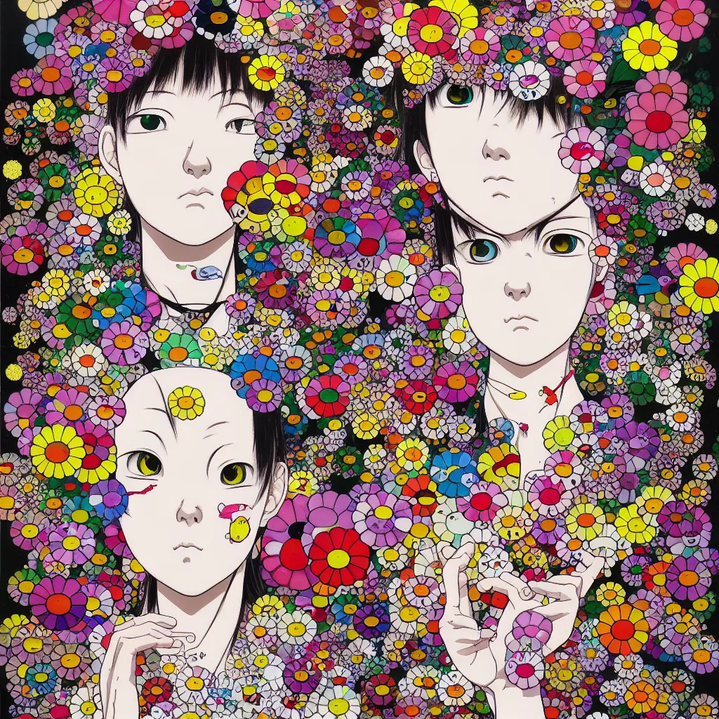 Image similar to prompt: Fragile portrait of singular persona covered with random flowers illustrated by Katsuhiro Otomo, inspired by Takashi Murakami and 1990 anime, smaller cable and cyborg parts as attributes, eyepatches, illustrative style, intricate oil painting detail, manga and anime 1990