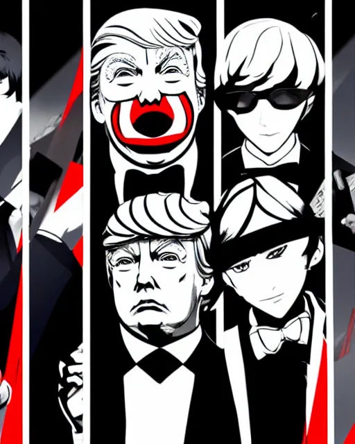 Image similar to Donald Trump, in the style of Persona 5, Persona 5, Persona 5 artwork