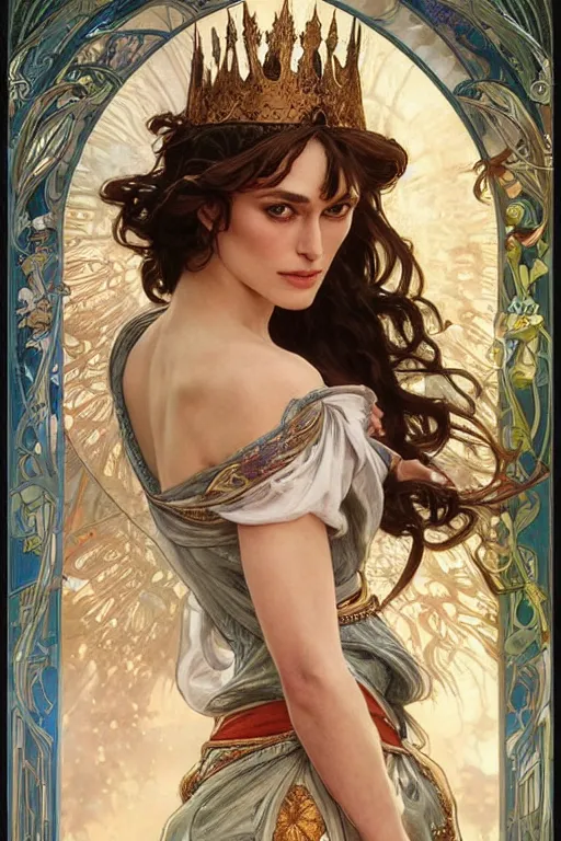 Prompt: keira knightly as a high elf queen with water splashs and ornaments painted by artgerm, alphonse mucha and chris rahn, highly detailed artwork, composition by android jones - n 4