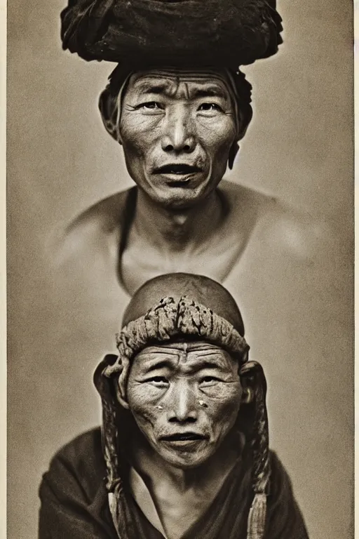 Prompt: ultra realistic vintage photo portrait of a tibetan man with a tunnel in his head, by Irving Penn