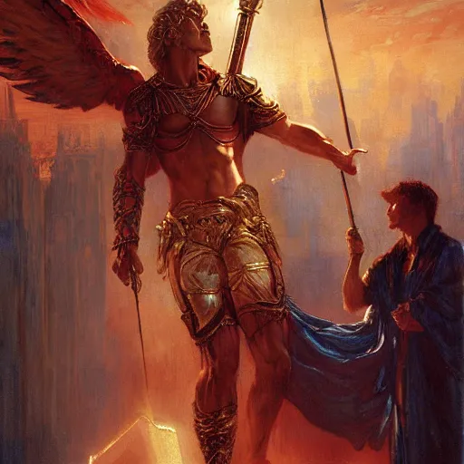 Image similar to attractive male deity casts light spell, summons attractive male lucifer morningstar. highly detailed painting by gaston bussiere, craig mullins, j. c. leyendecker 8 k