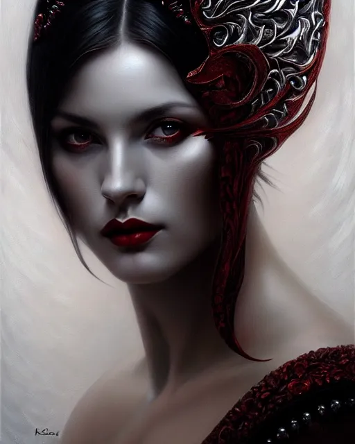 Image similar to portrait of a beautiful goddess, enigmatic beauty, dominant shades of black, silver, dark red, white, head in focus, fantasy art, ornamental aesthetics, intricate, elegant, highly detailed, hyperrealistic, artstation, concept art, soft illumination, painterly, sharp focus, by karol bak