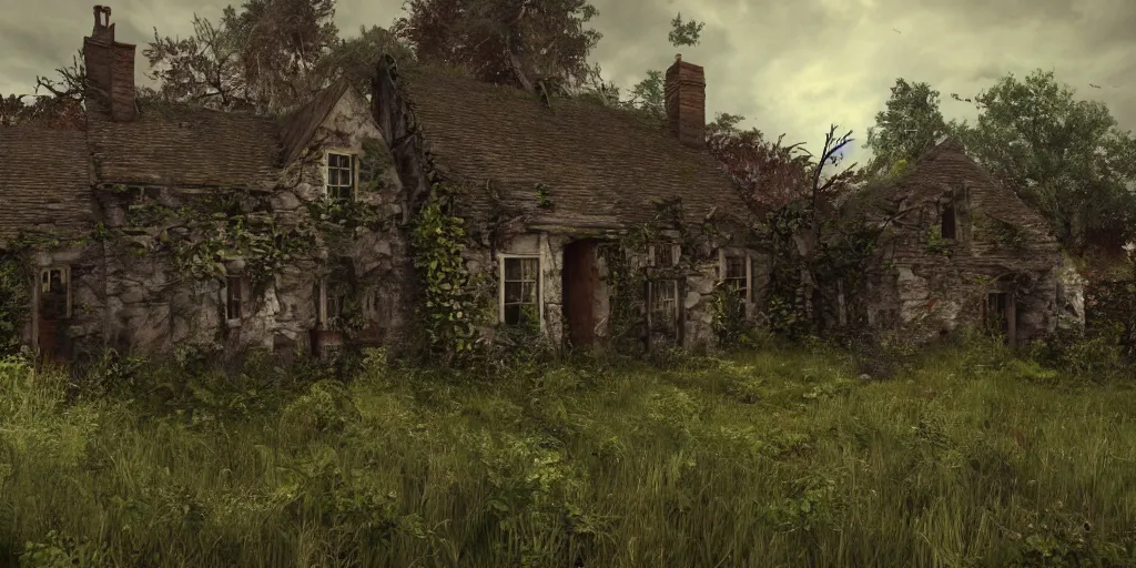 Image similar to photorealistic, ruined english cottage, overgrown vegetation, apocalypse, shadowy lurking creatures, hyperrealistic, grimdark, artstation