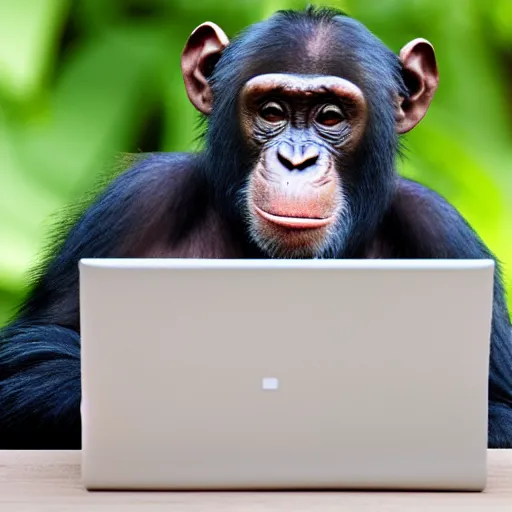 Prompt: a chimpanzee smiles with headphones on his head sits on a chair and looks at the computer holding the mouse, fujifilm
