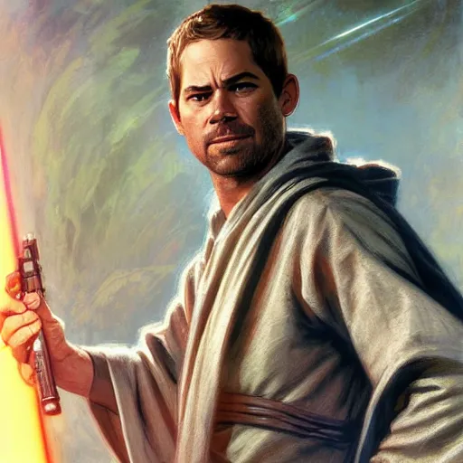 Image similar to Paul Walker as a jedi by Stanley Artgerm Lau, greg rutkowski, thomas kindkade, alphonse mucha, loish, norman Rockwel